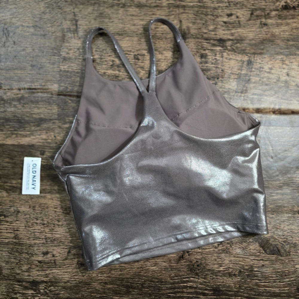 OLD NAVY PowerSoft Sports Bra Womens M Silver NWT Metallic High Neck Longline - Picture 7 of 7